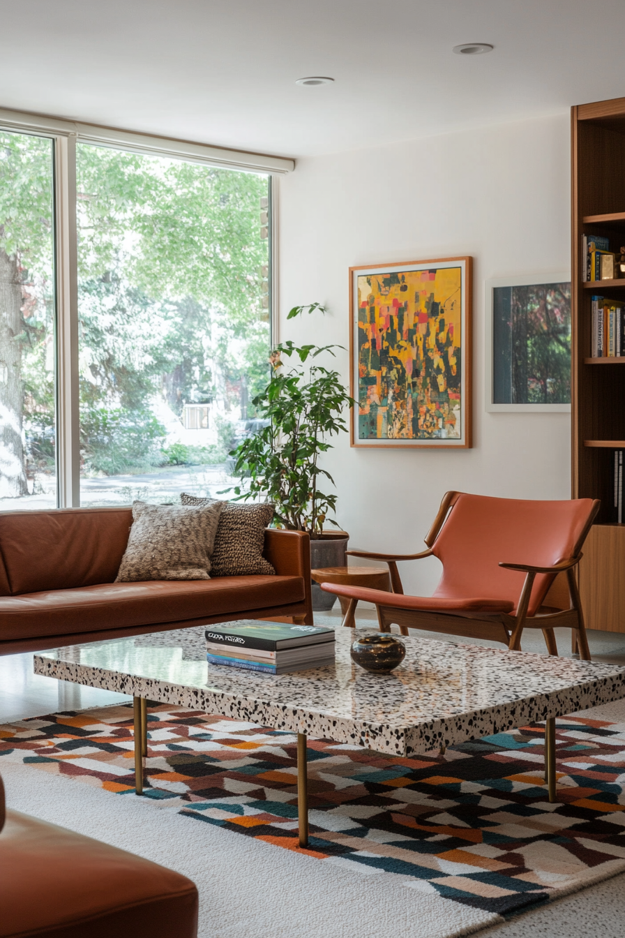 Retro terrazzo coffee table with stylish brass details