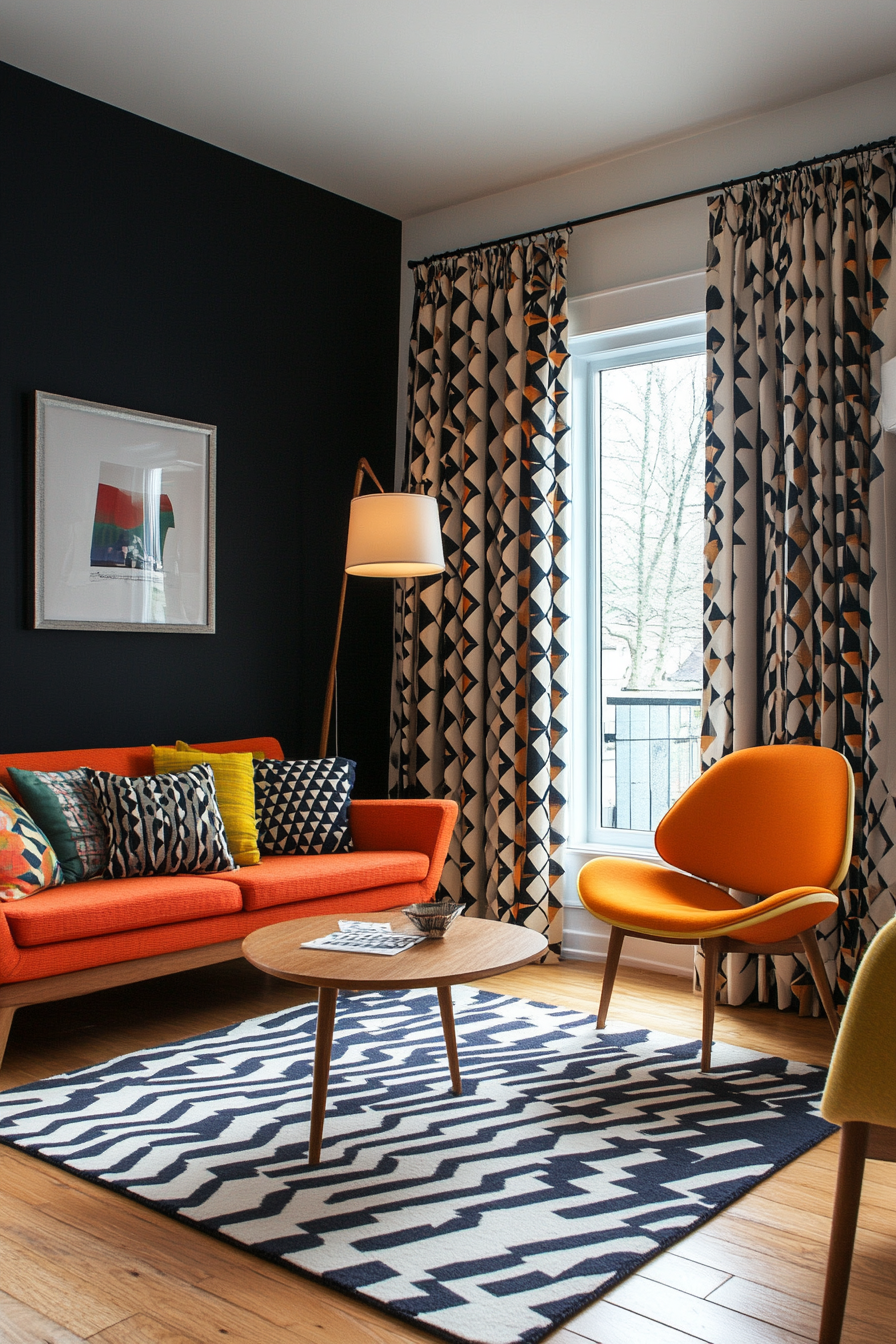 Graphic print curtains in a vibrant mid-century room