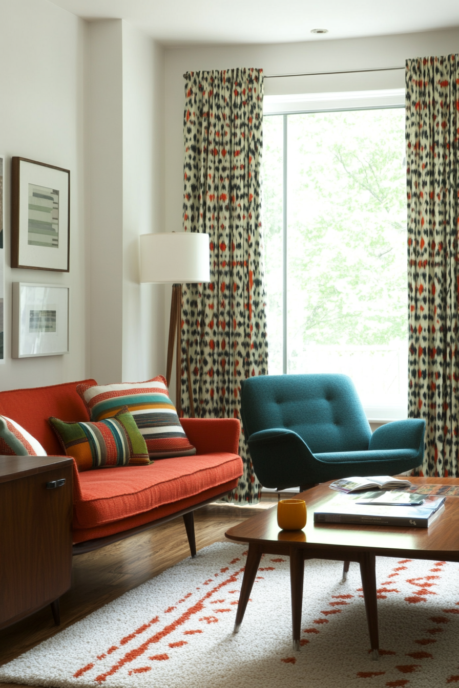 Bright graphic print curtains in a mid-century setting