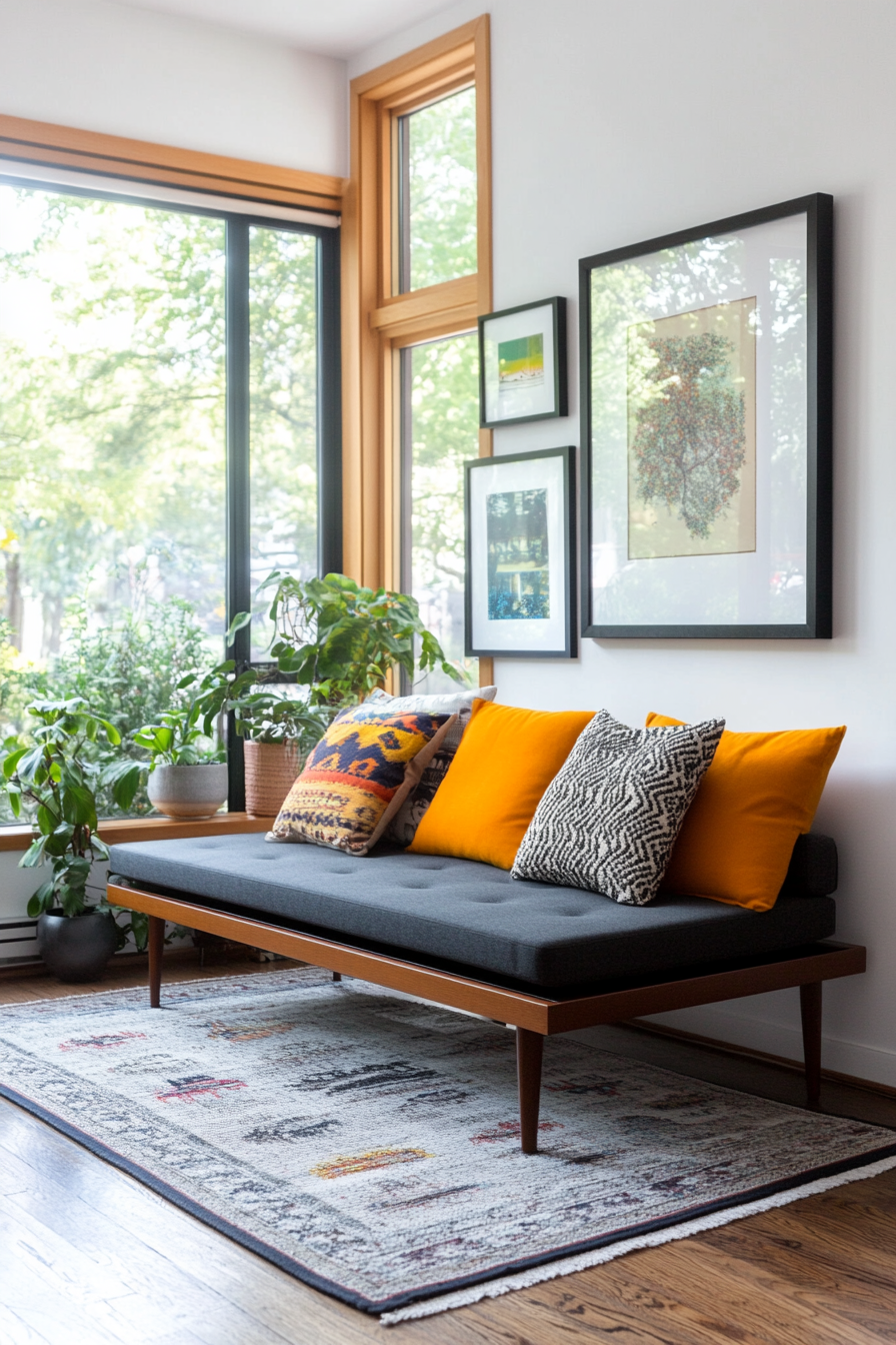 Nelson platform bench in a mid-century living room