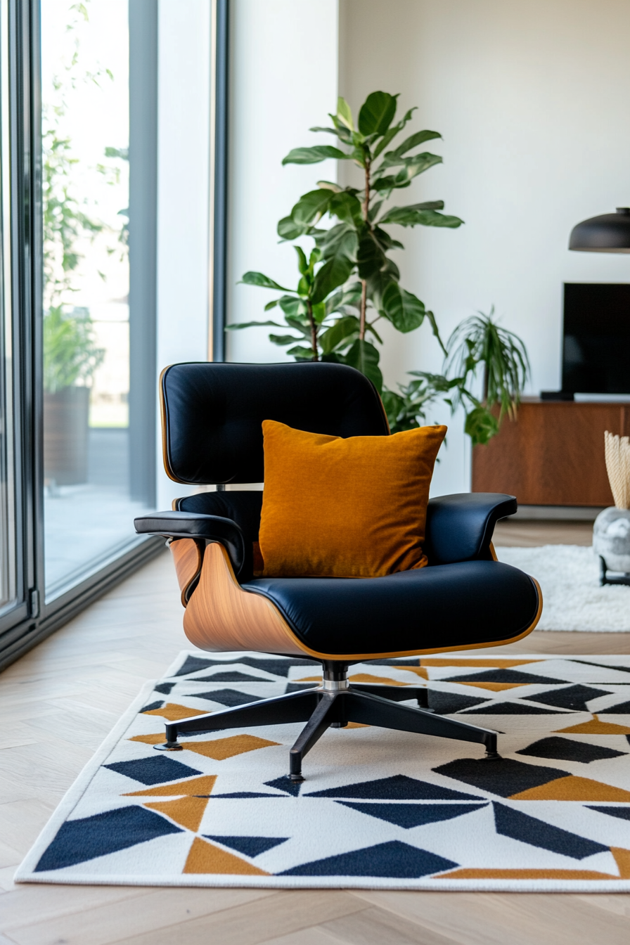 Eames chair in mustard accented mid-century living room