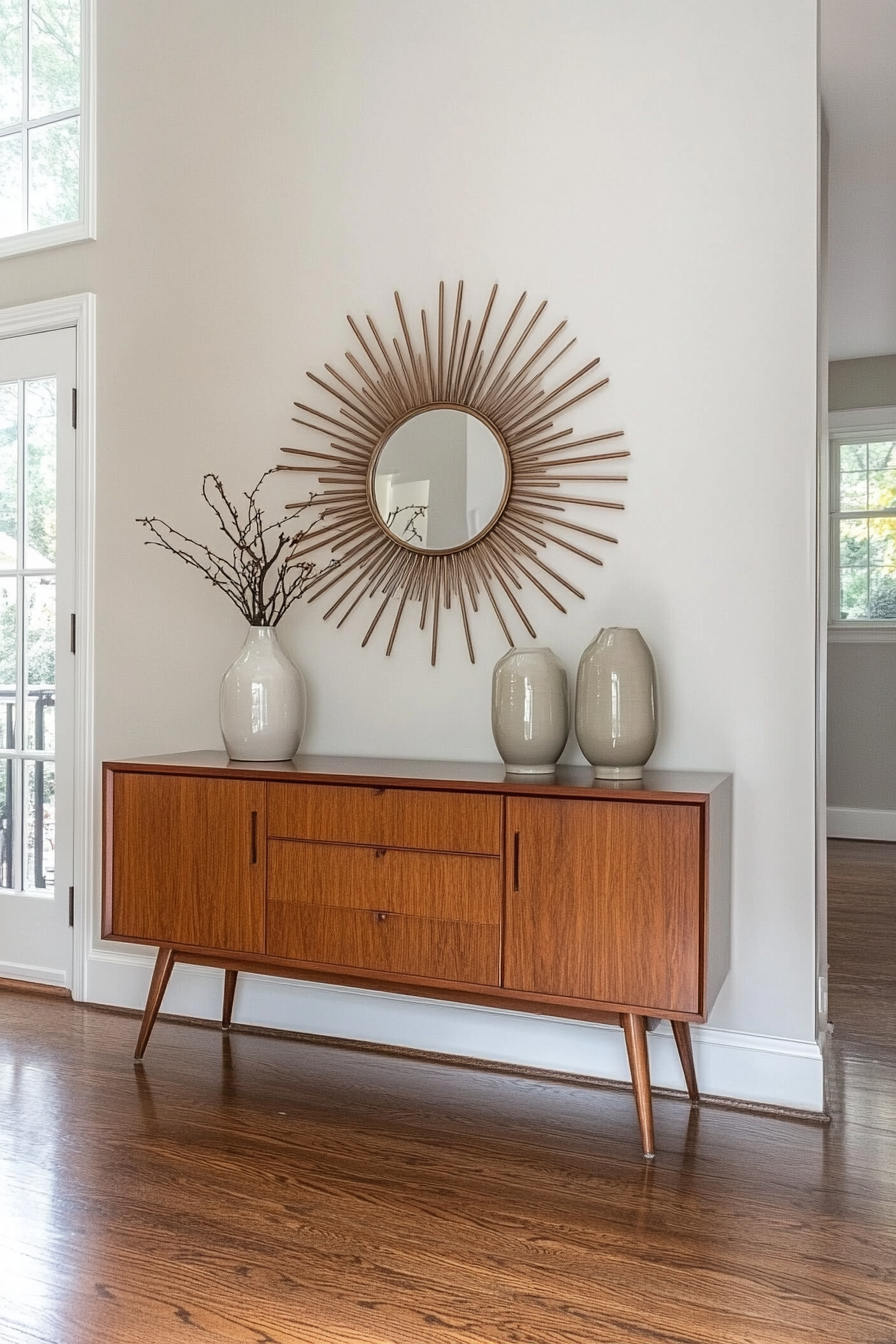 Sunburst mirror over teak credenza in mid-century room