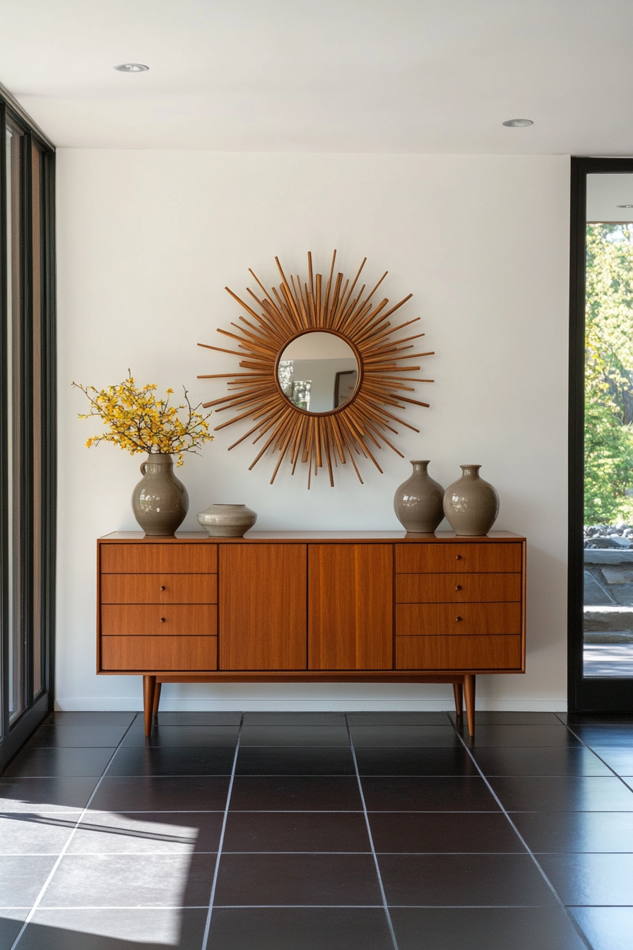 Elegant sunburst mirror with teak furniture accents