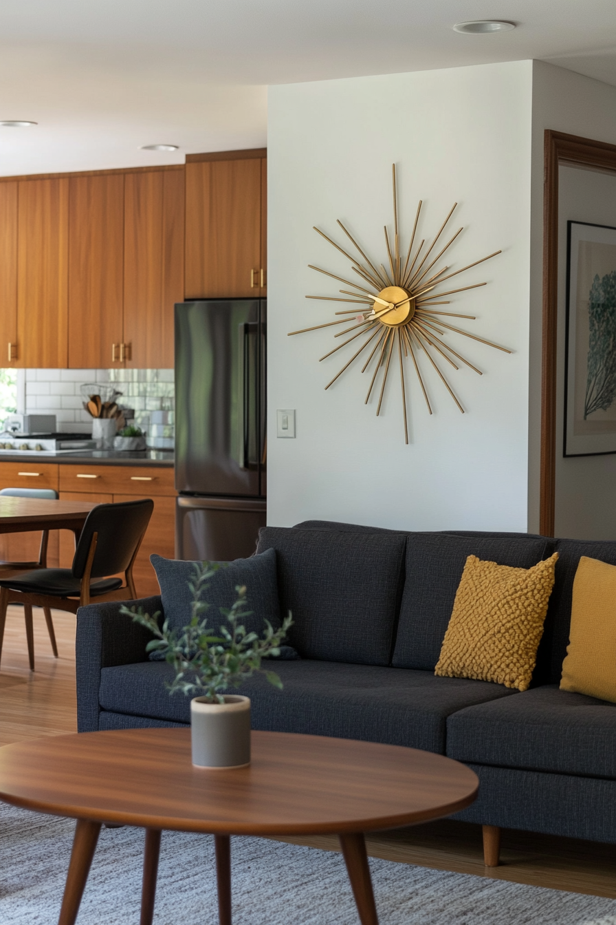 Starburst clock in mid-century modern living room