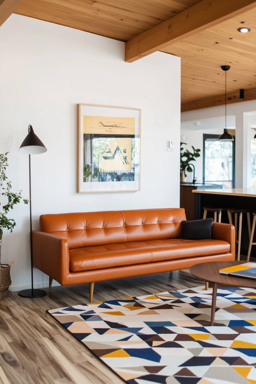 Orange leather sofa in vibrant mid-century space
