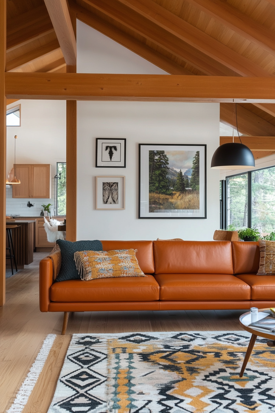 Mid-century living room with orange leather sofa and retro decor