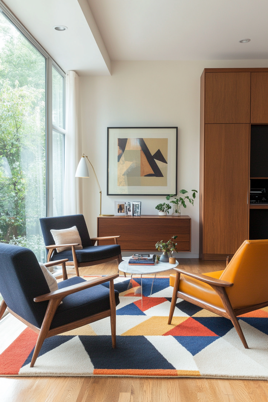 Color-blocked geometric rug in mid-century modern living room