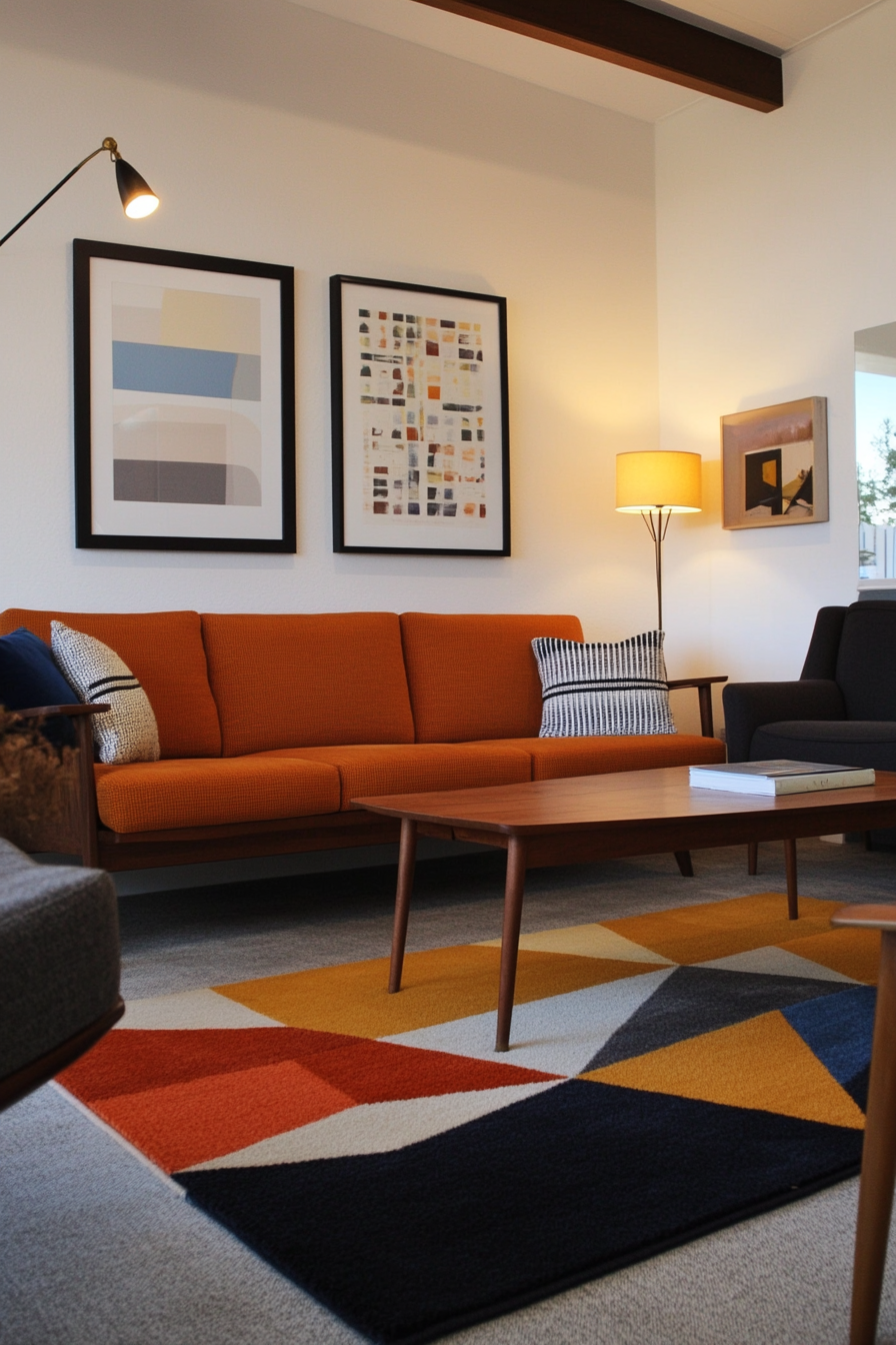 Retro geometric rug anchoring mid-century seating area