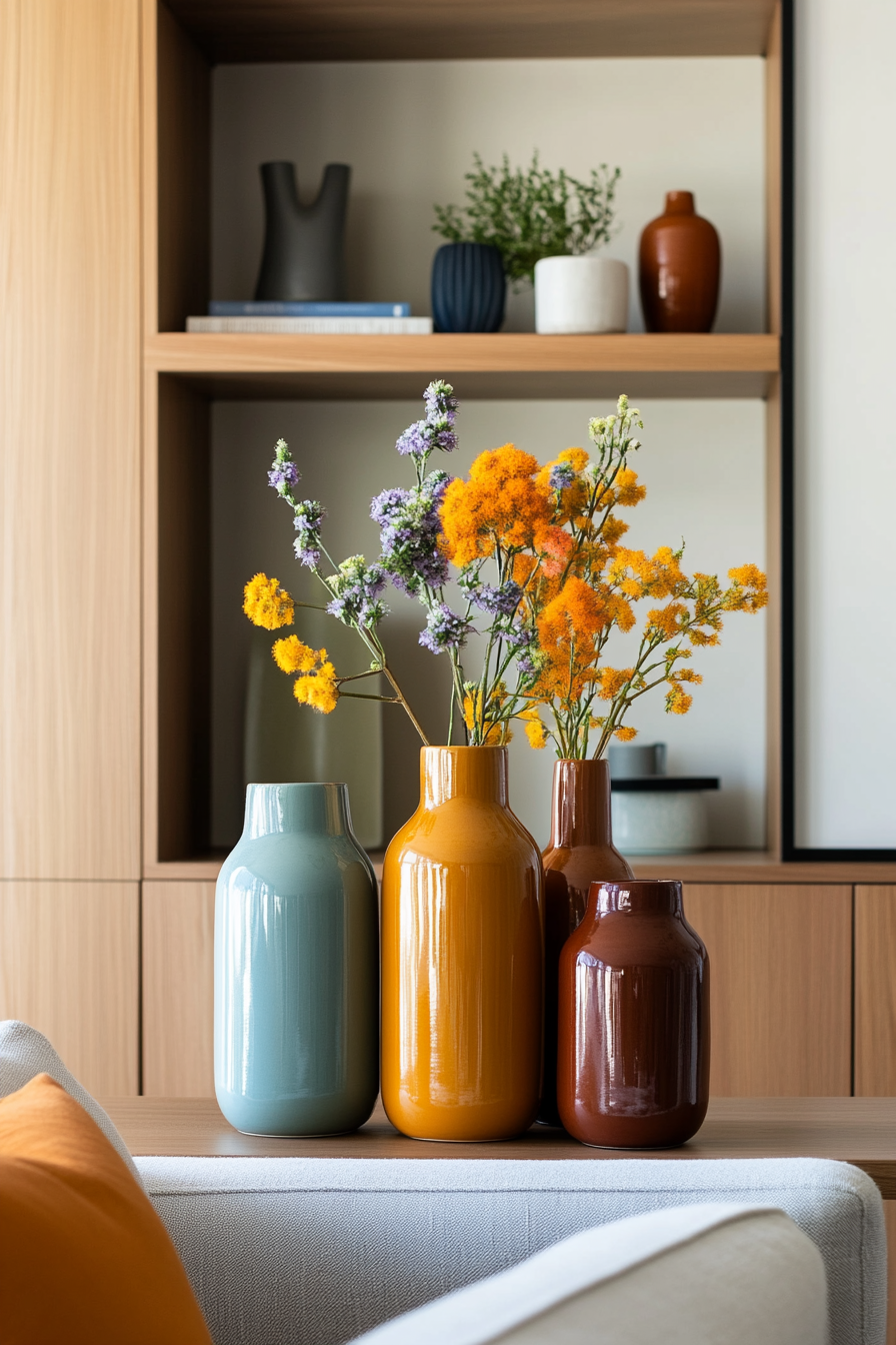 Sculptural ceramic vases on modern minimalist shelving
