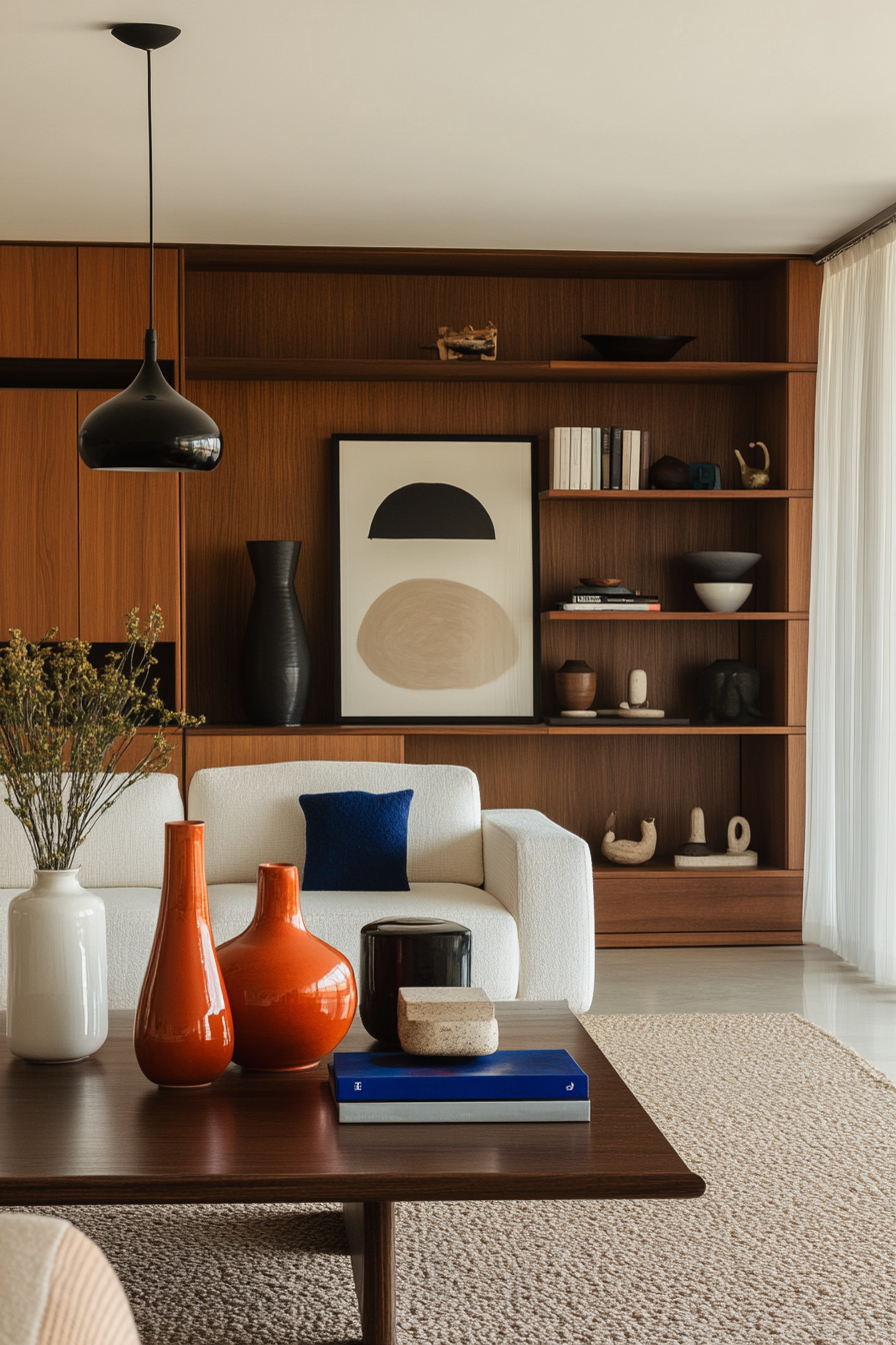 Minimalist shelving with colorful ceramic vases