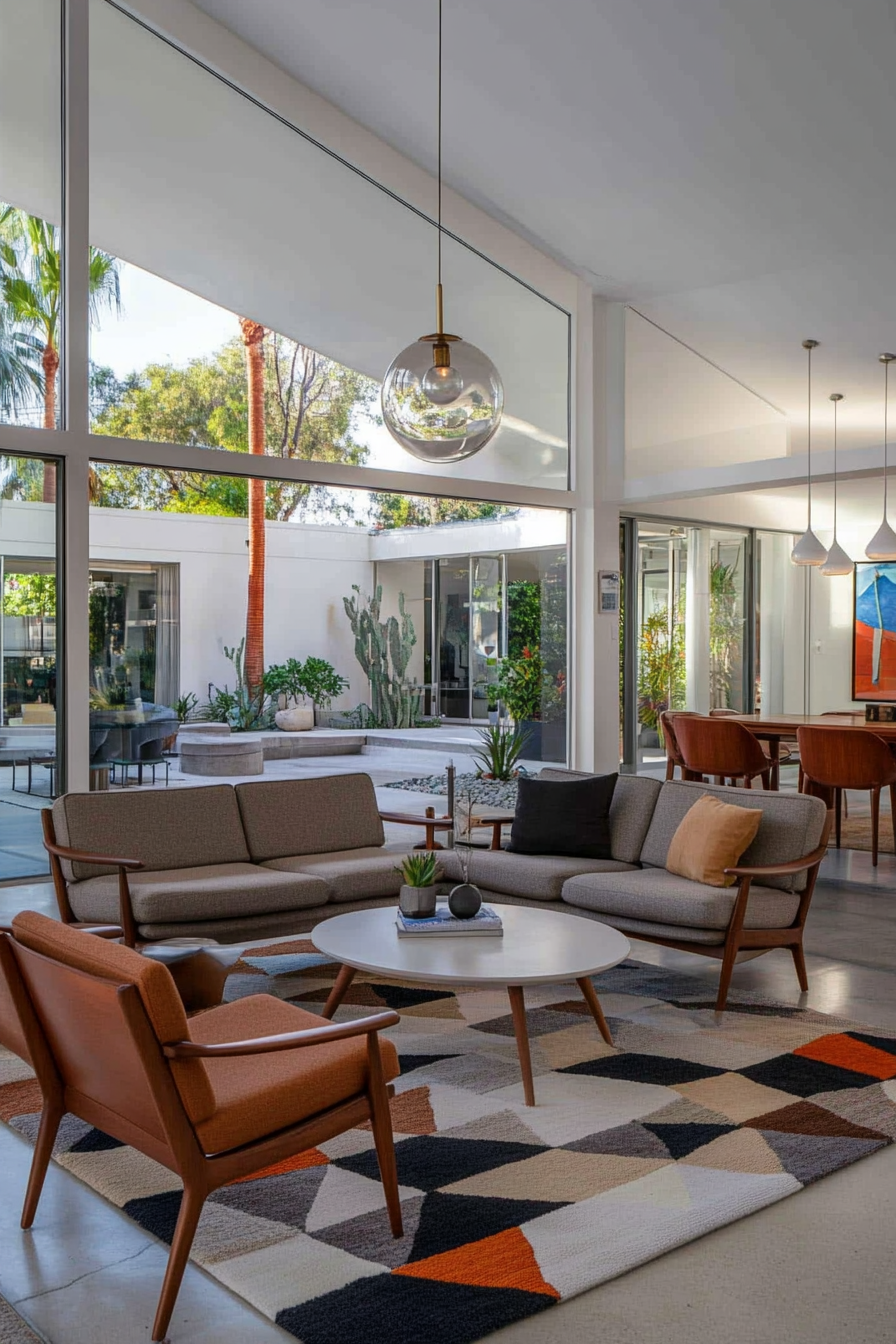 Bubble pendant light above low-profile seating