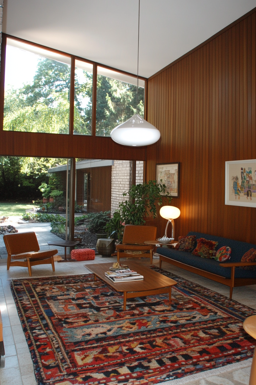 Modern bubble pendant light in retro-inspired room
