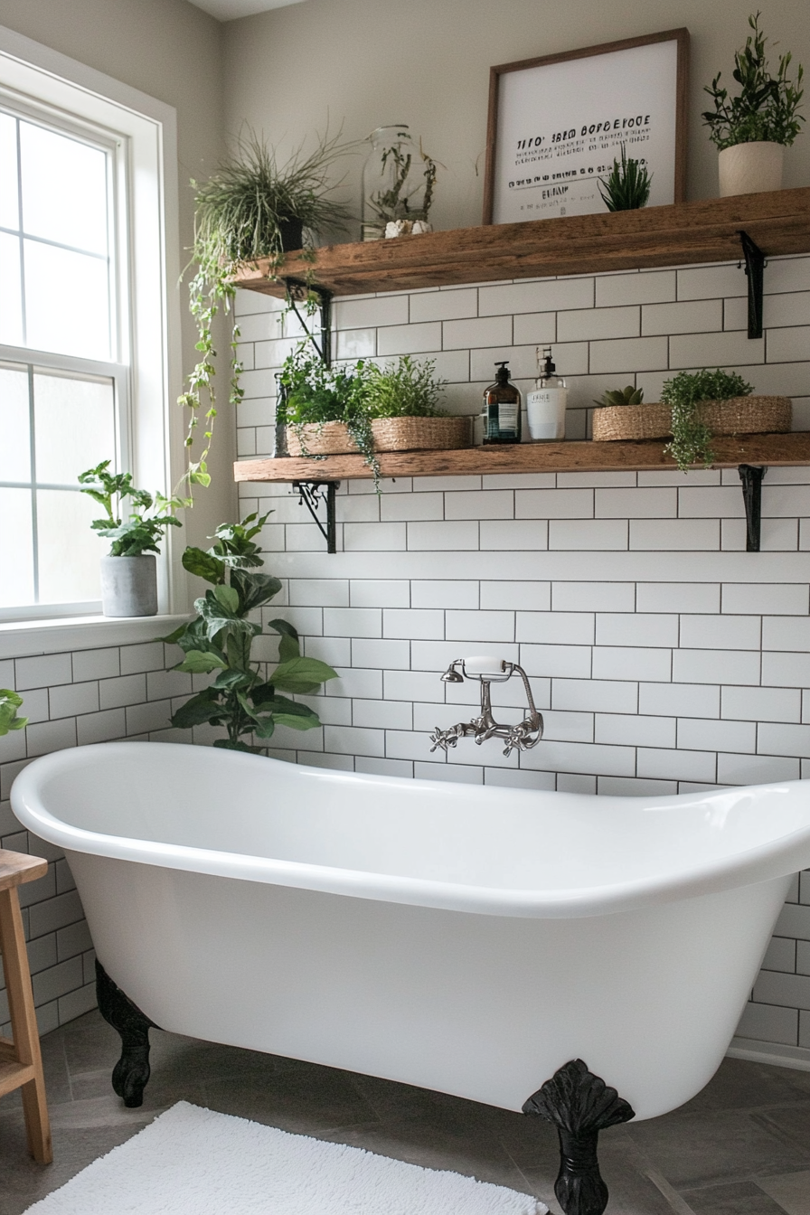 Classic white subway tiles with dark grout in a farmhouse bathroom