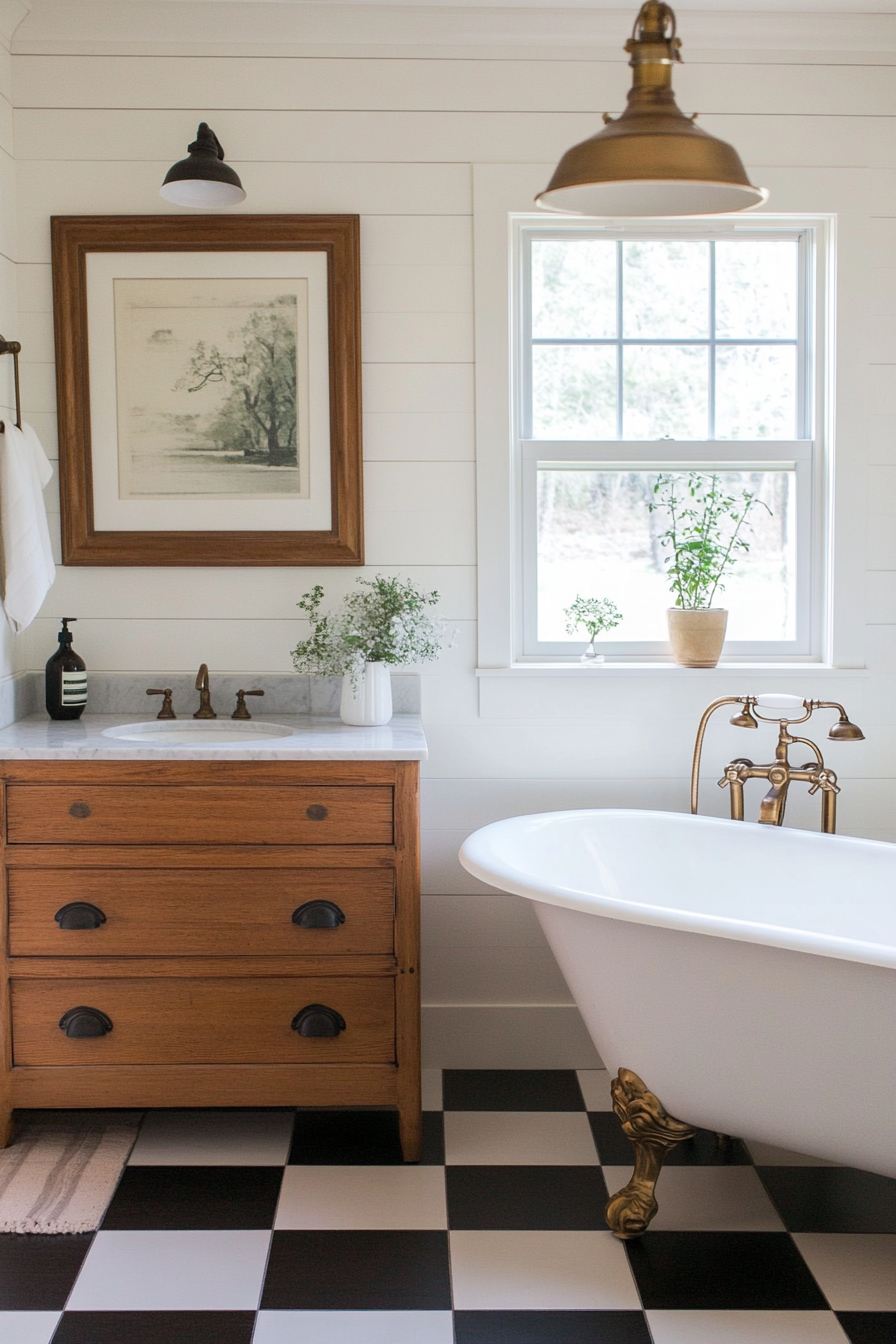 Checkerboard black-and-white tiles in a farmhouse bathroom