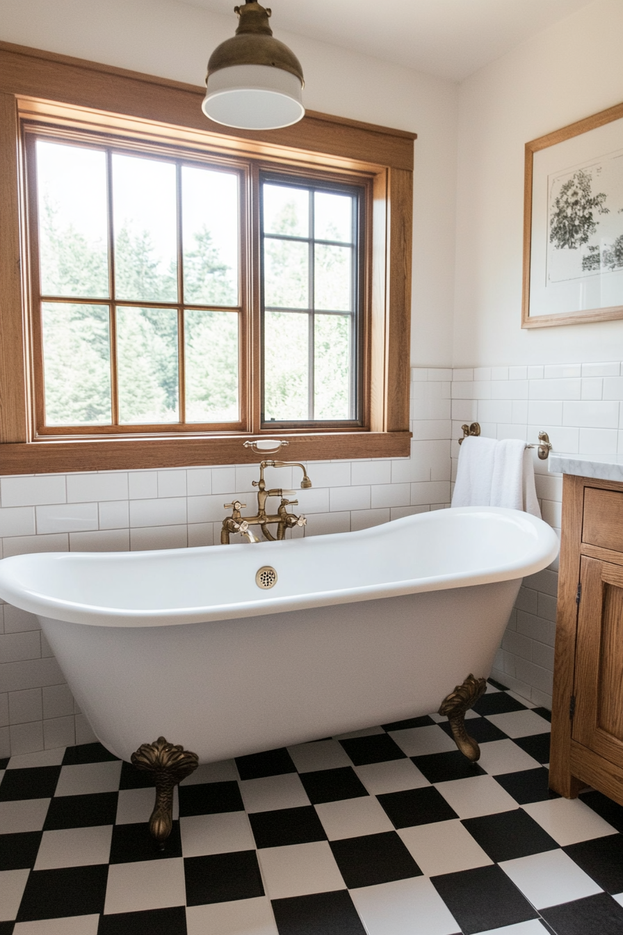 Bold black-and-white tiles paired with rustic decor