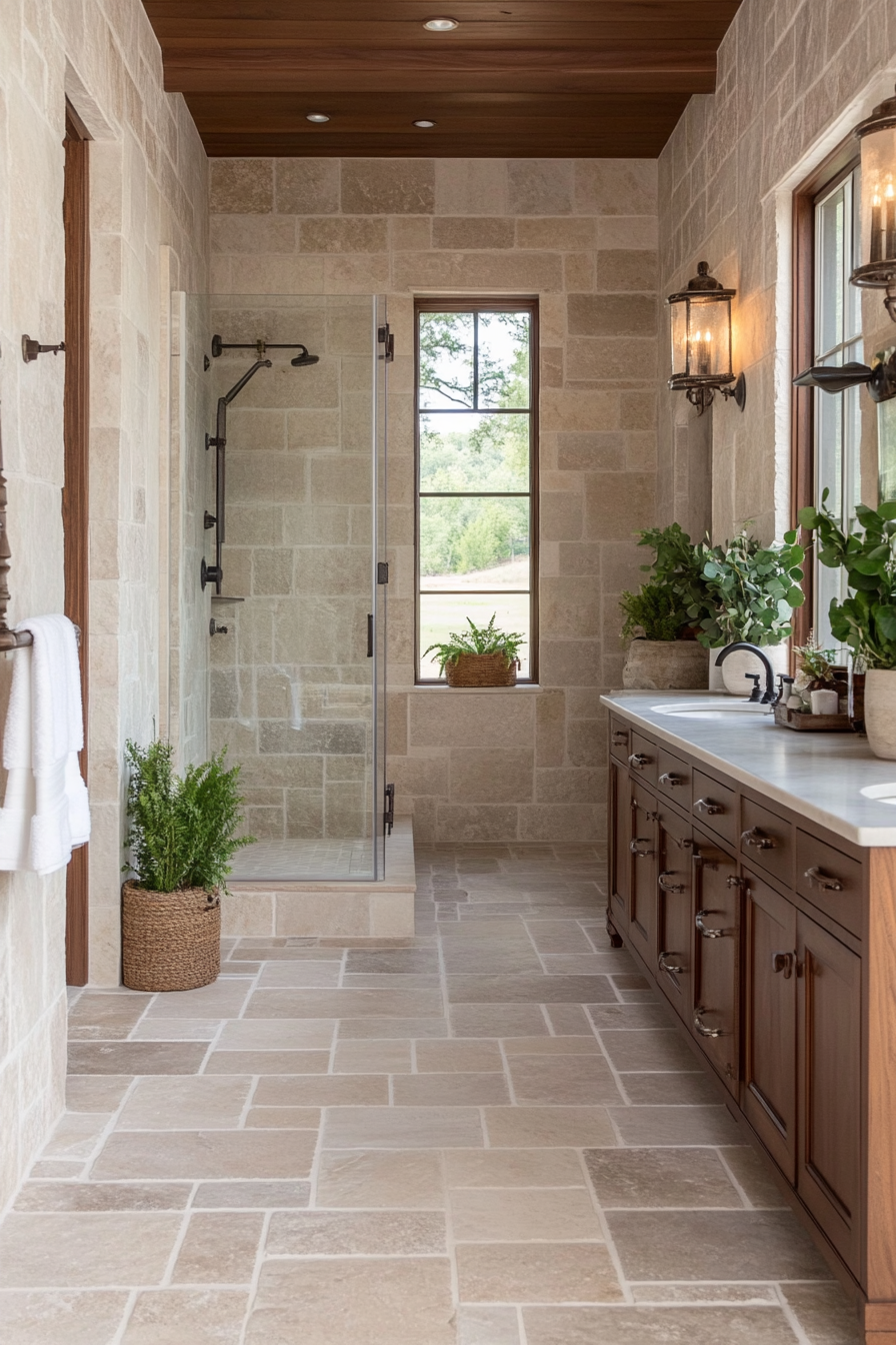 Stone-look porcelain tiles for a natural farmhouse feel
