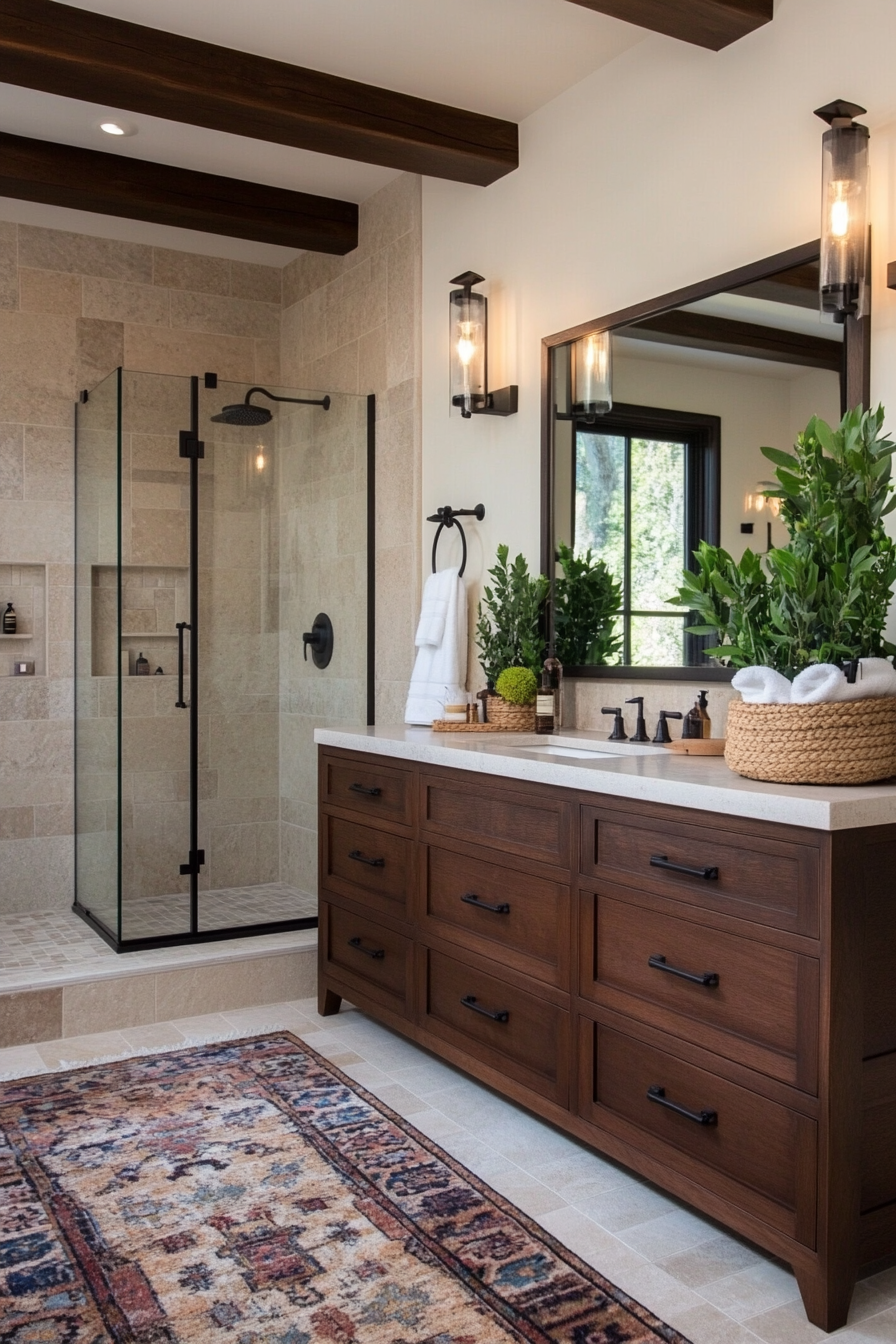 Stone-look porcelain tiles paired with greenery in a bathroom