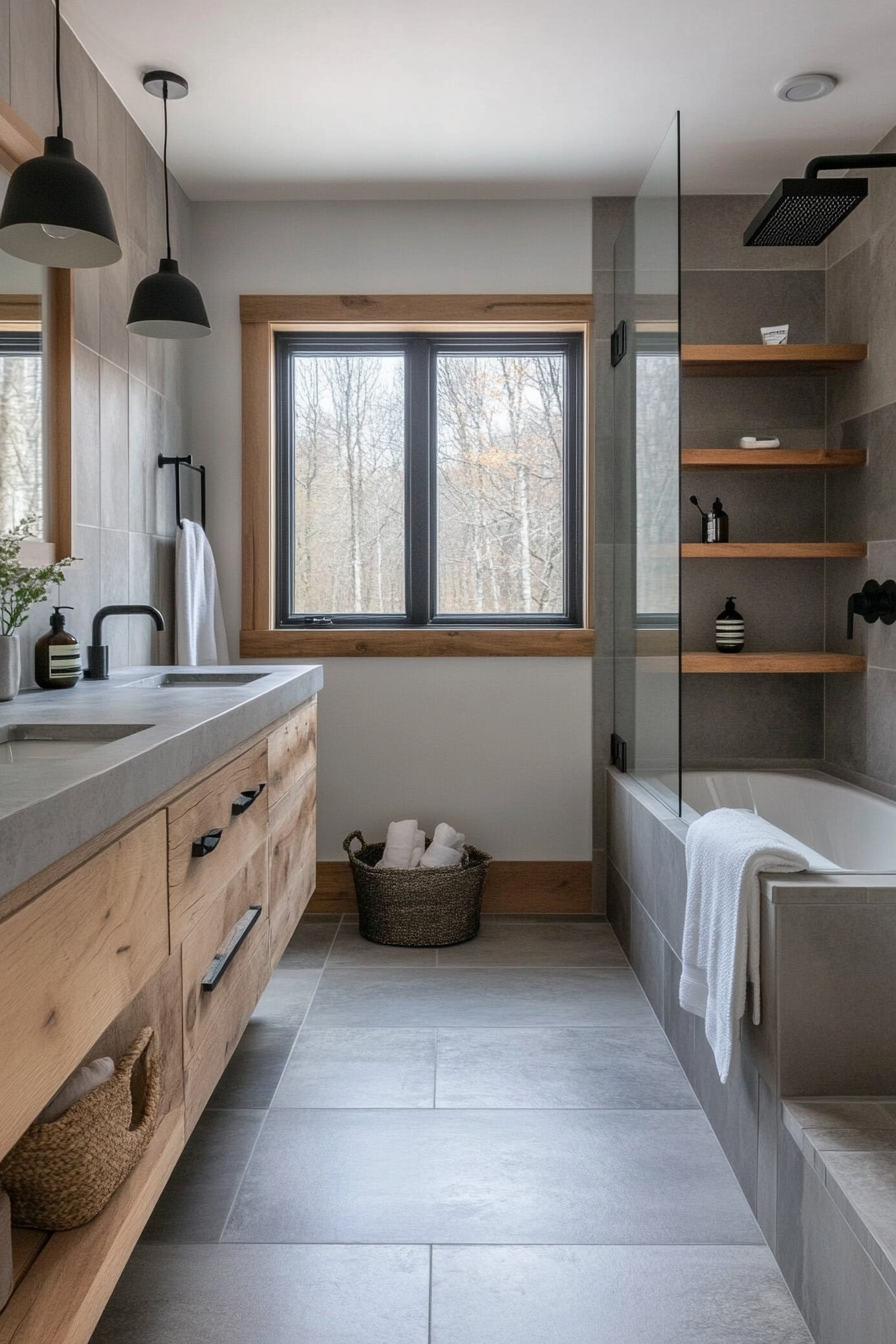 Large format tiles creating spaciousness in a farmhouse bathroom