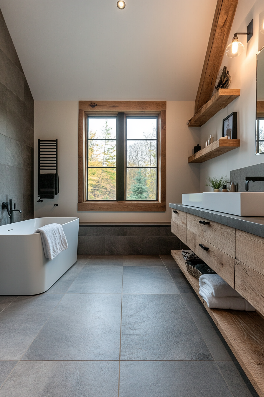 Neutral large format tiles paired with rustic wood accents