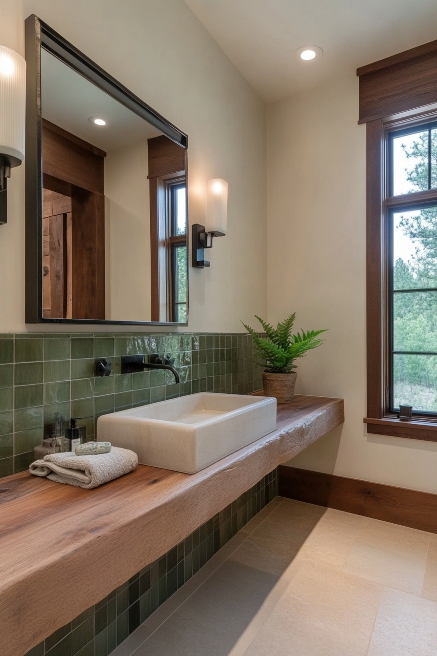 Frosted glass tiles adding shine to a farmhouse bathroom