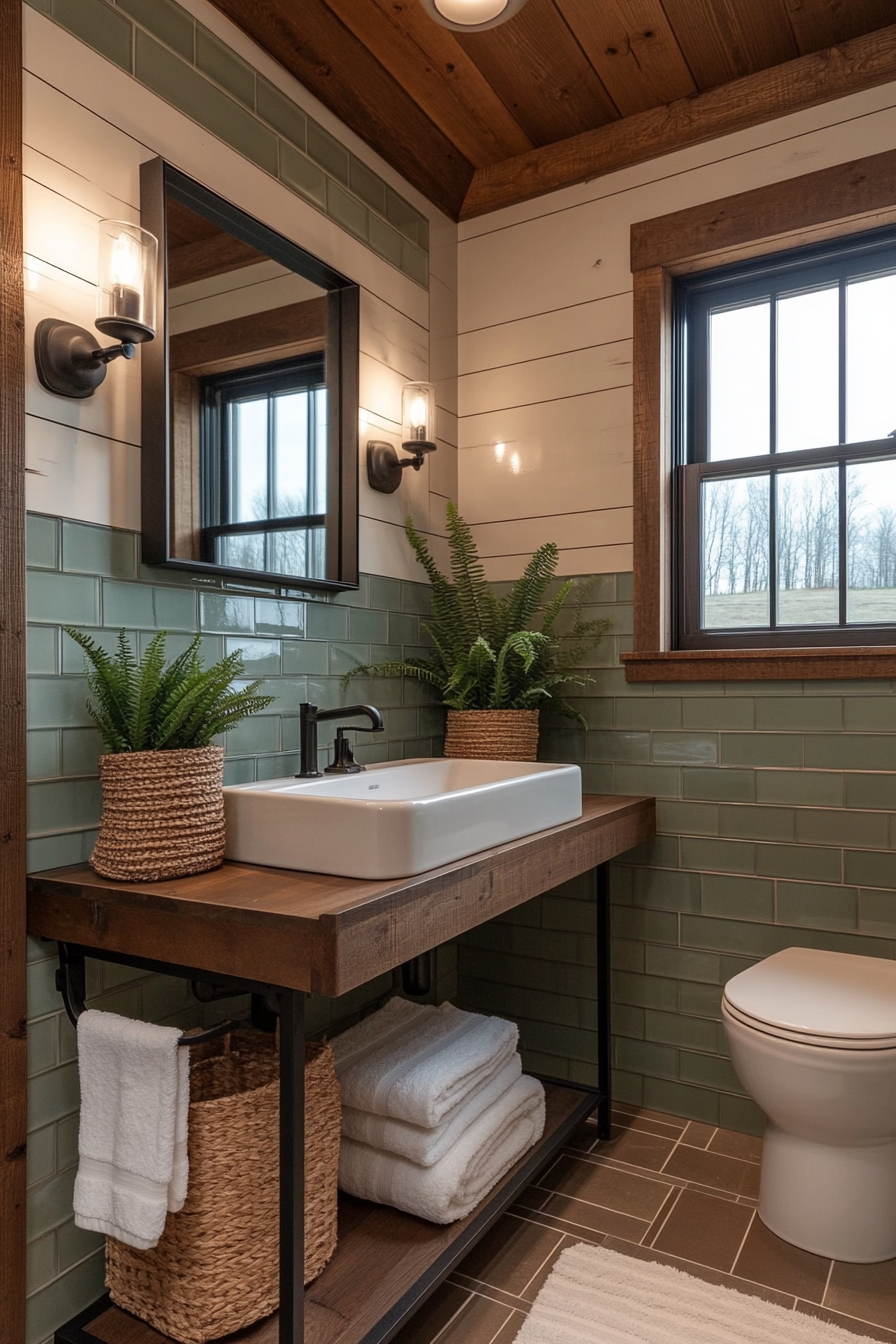 Glass tiles creating a polished farmhouse bathroom look