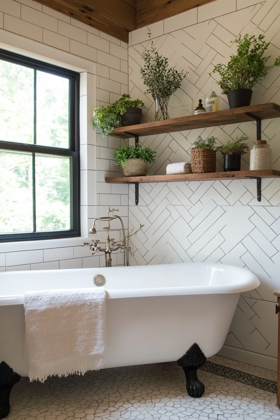 Subway tiles paired with wooden accents in a farmhouse bathroom