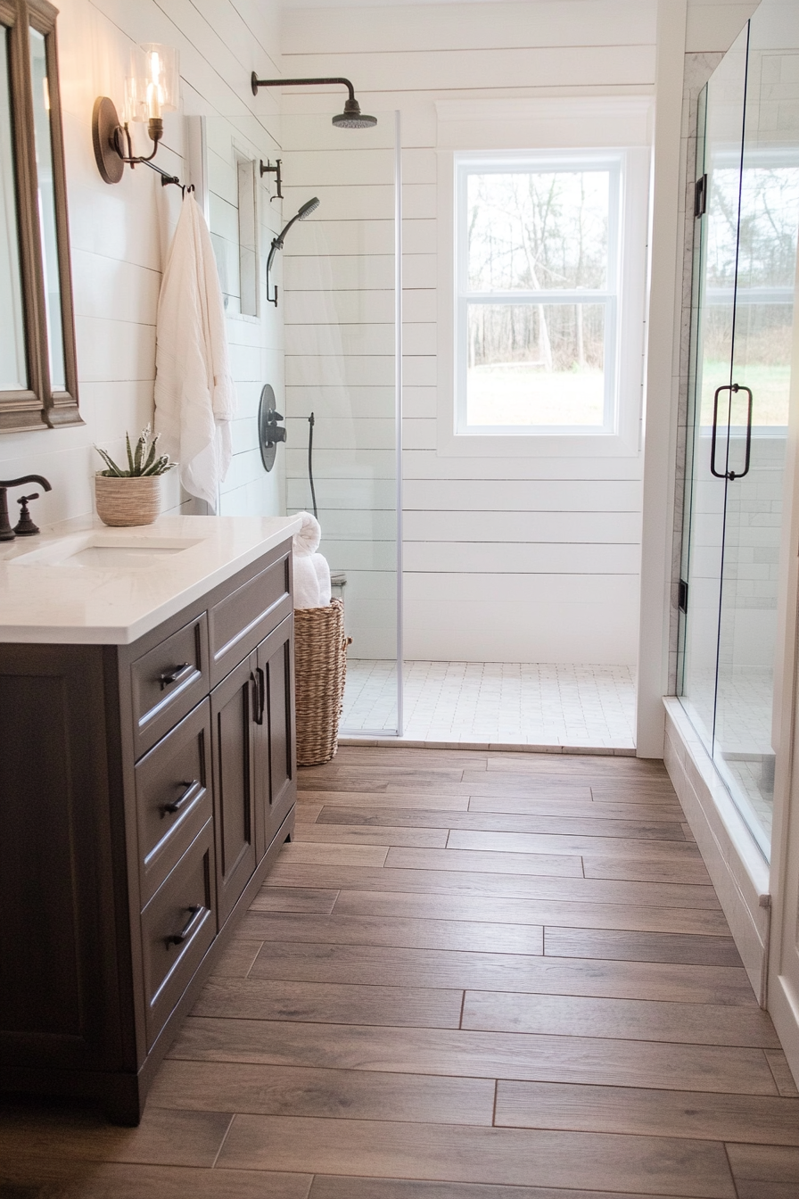 Wood-look porcelain tiles on a farmhouse bathroom floor