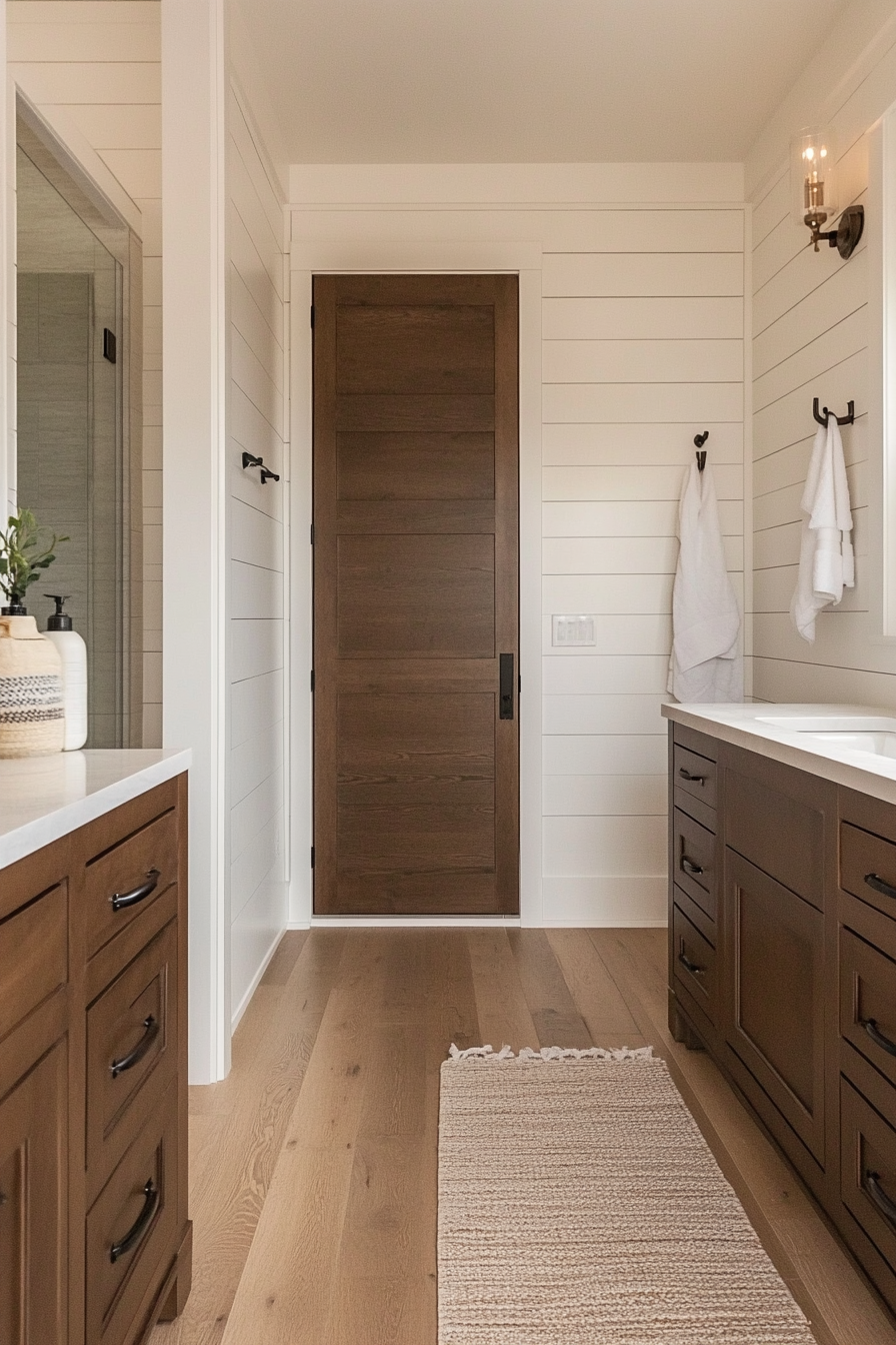 Wide-plank wood-look porcelain tiles for farmhouse warmth