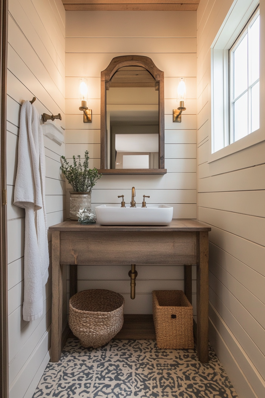 Patterned cement tiles in muted tones for farmhouse bathrooms