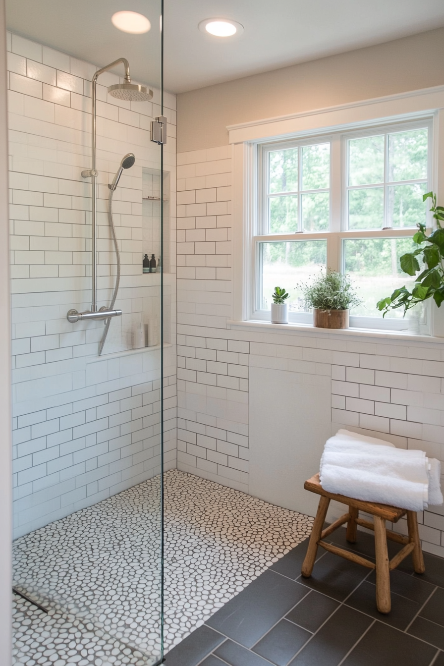 Natural pebble tiles for farmhouse shower floors
