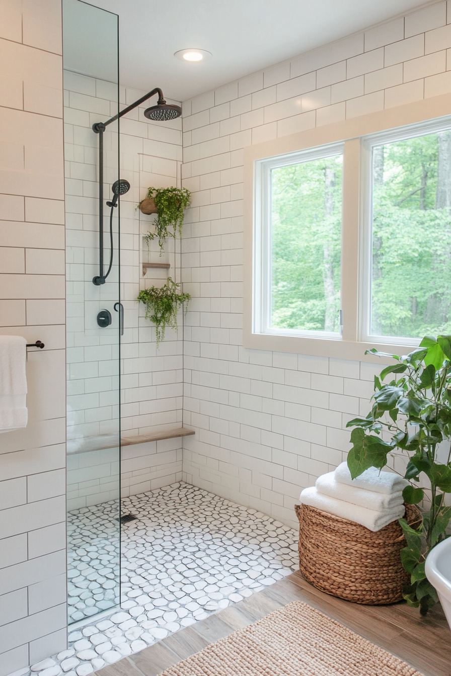 Pebble tile shower floor paired with rustic accents