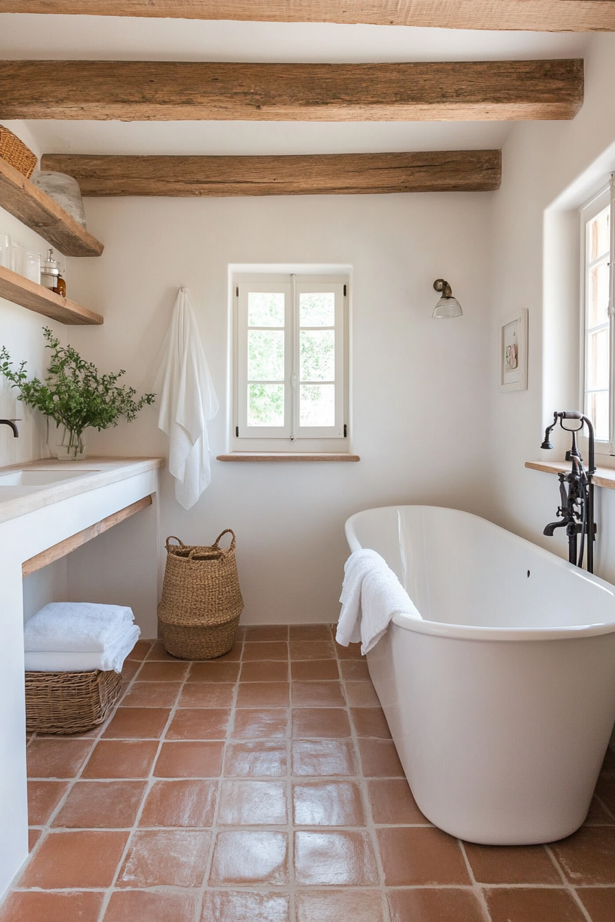 Terracotta tiles bringing warmth to a farmhouse bathroom