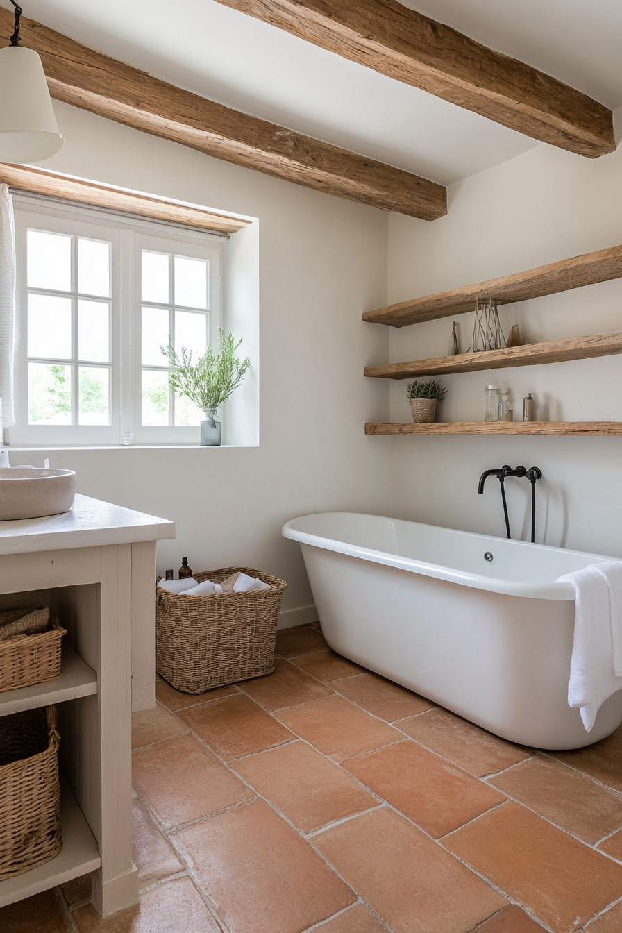 Classic terracotta tiles paired with soft white walls