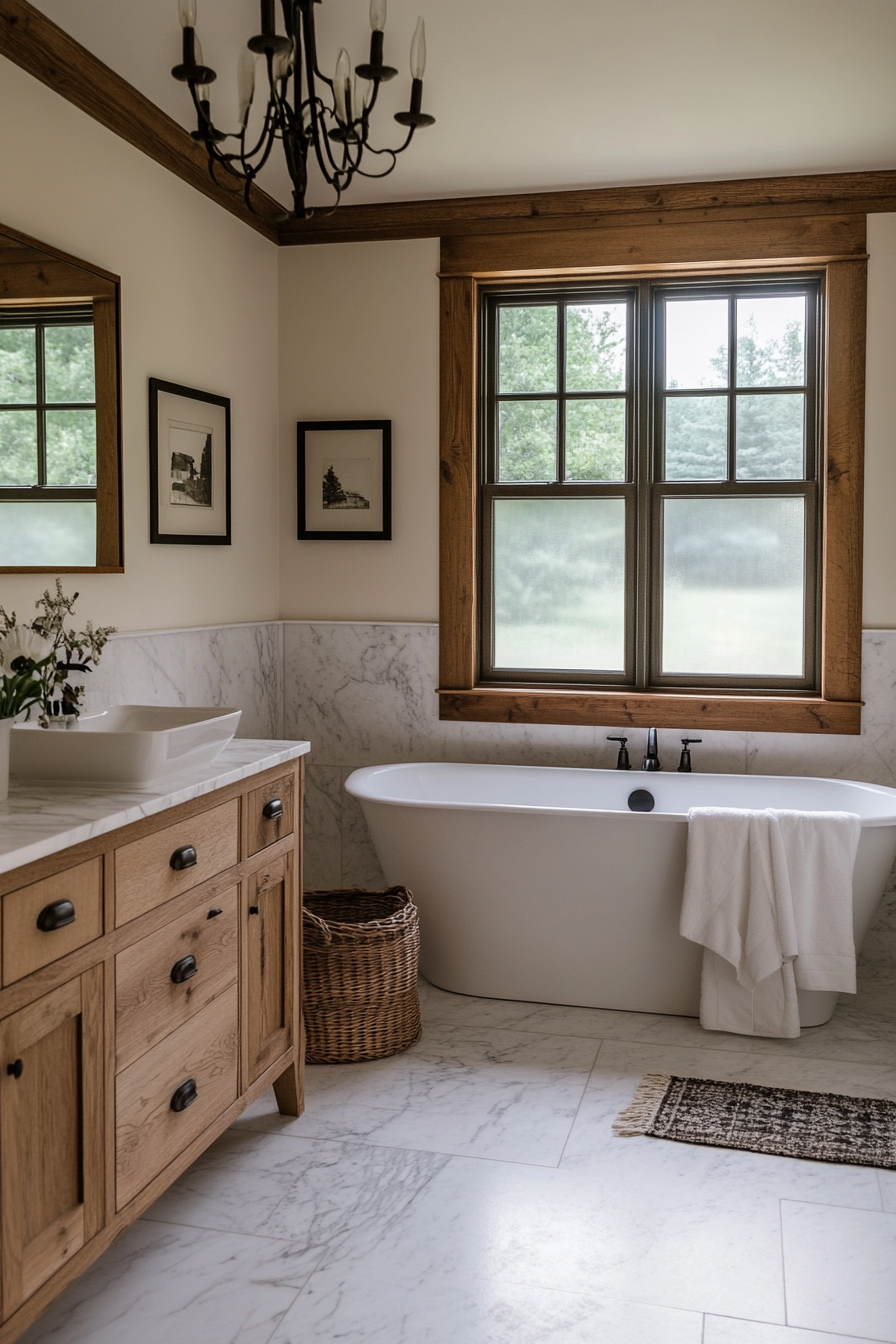 Honed marble tiles for a refined farmhouse bathroom
