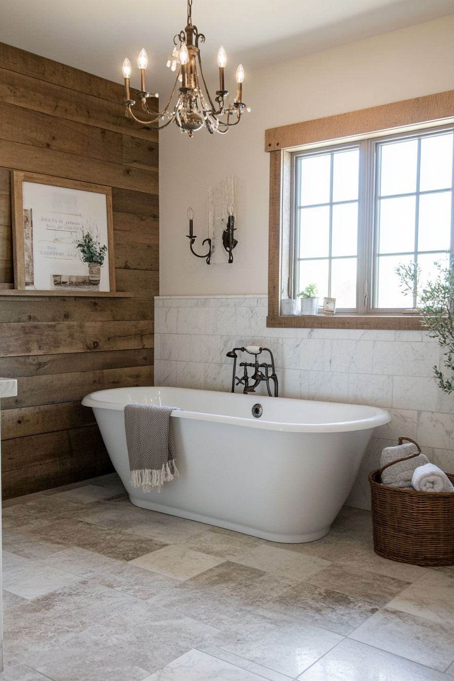 Soft neutral marble tiles paired with wood accents