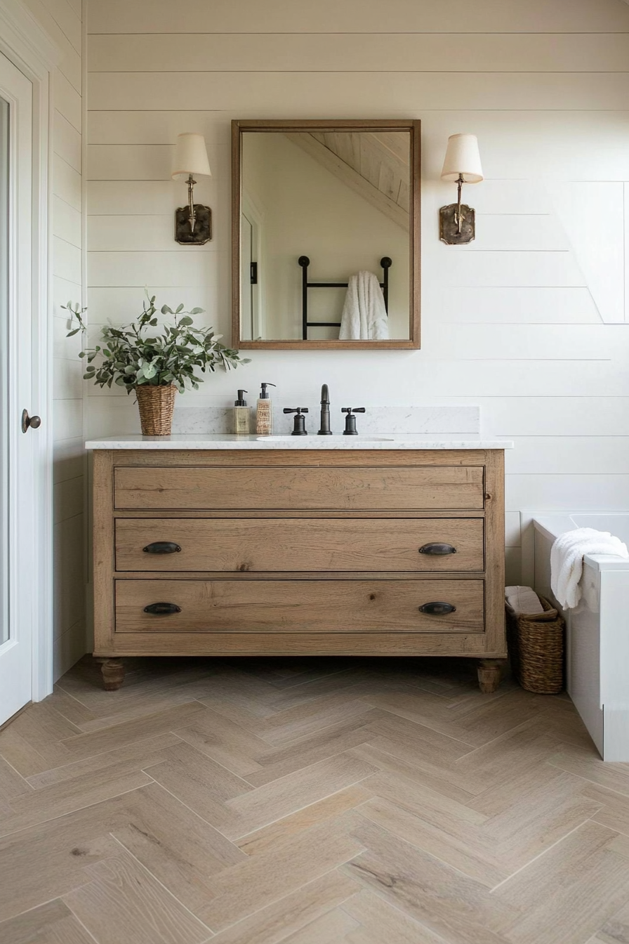 Chevron-pattern tiles creating movement in farmhouse bathrooms