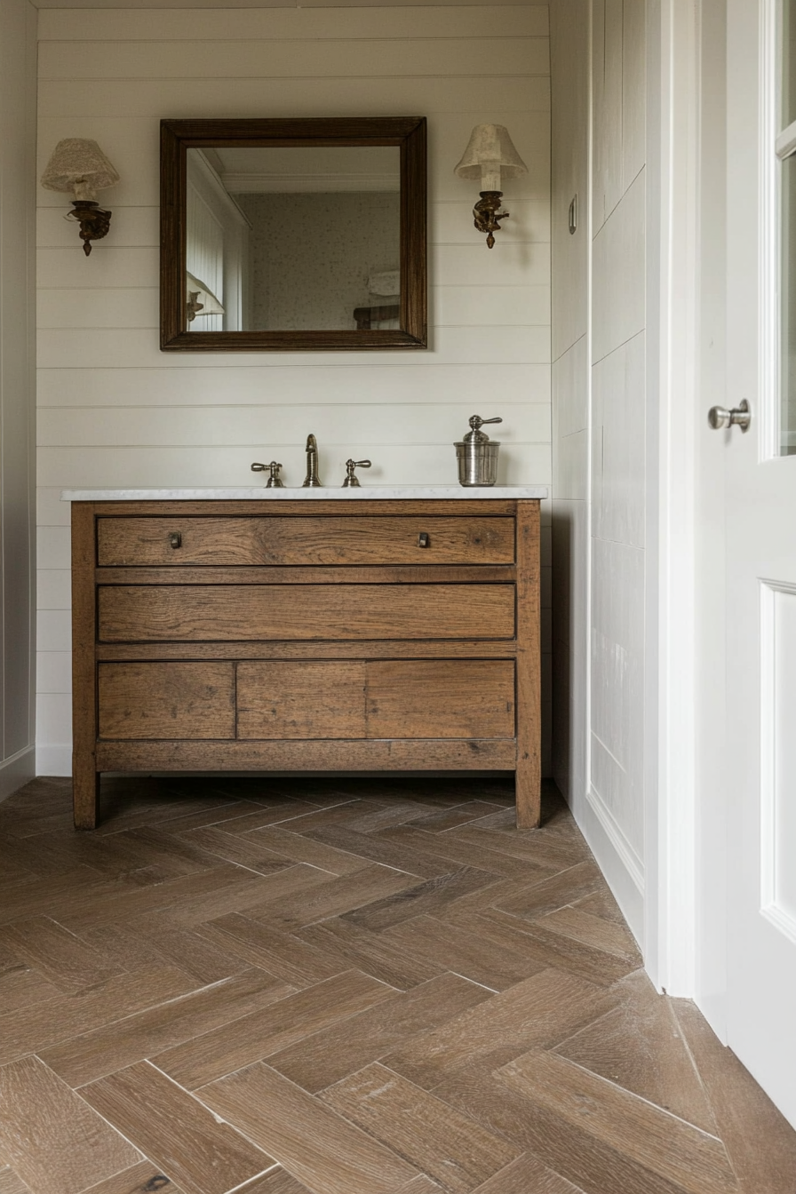 Chevron-pattern tiles paired with vintage fixtures
