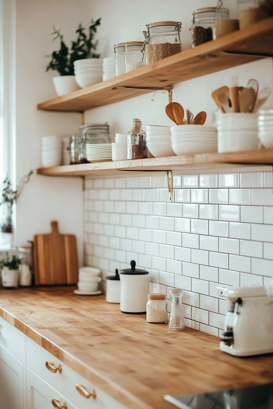 White subway tile with dark grout in a farmhouse kitchen