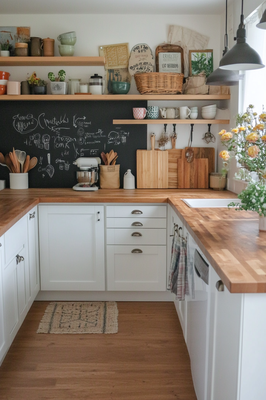 Chalkboard backsplash with hooks for chalk storage and colorful decor