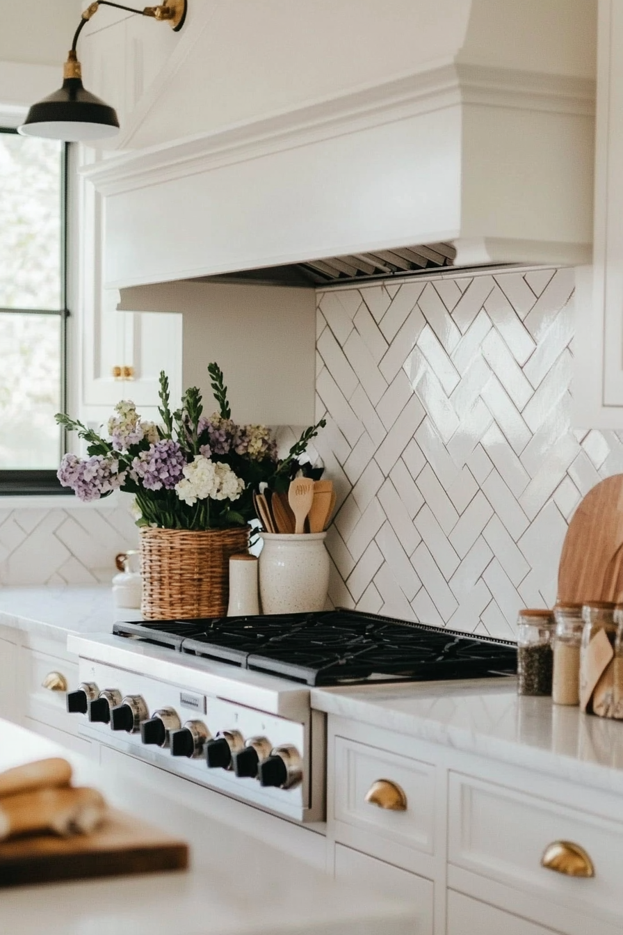 White subway tile in a herringbone pattern with brass accents
