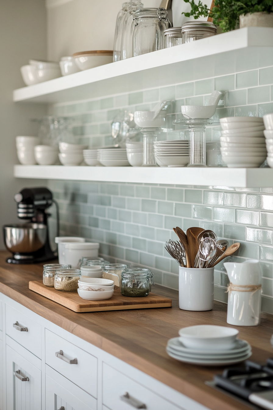 Glass tile backsplash with clear jars and ceramic pieces