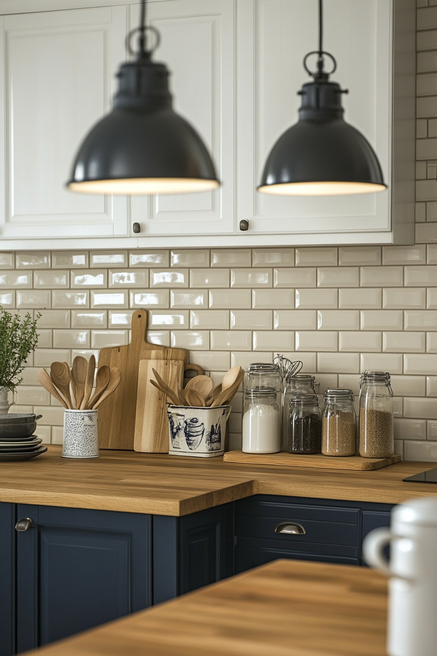 Large tiles paired with navy cabinets and rustic decor