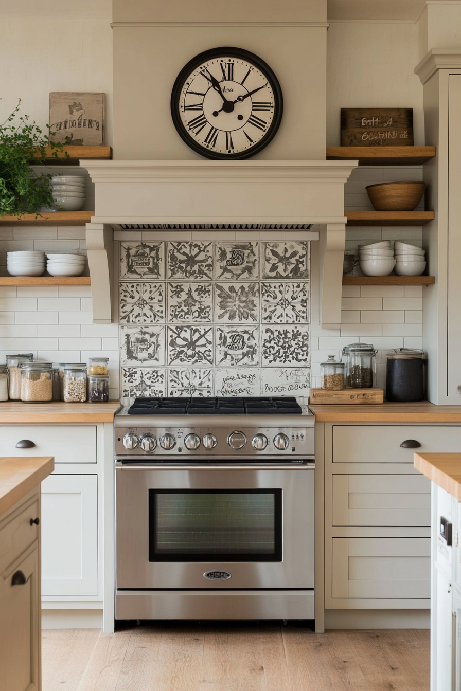 Mixed-material backsplash with shiplap and tiles