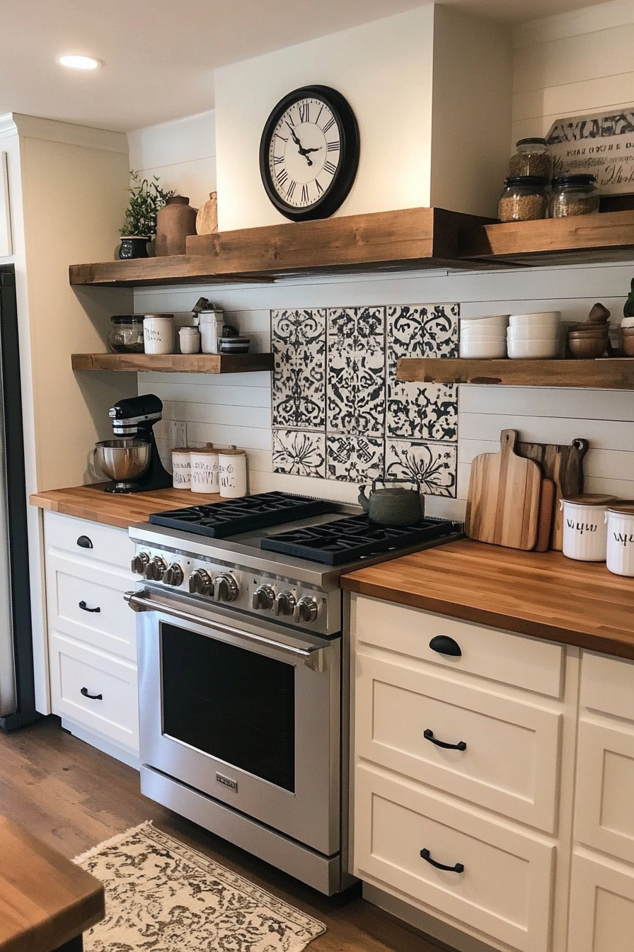 Mixed-material backsplash with vintage decor