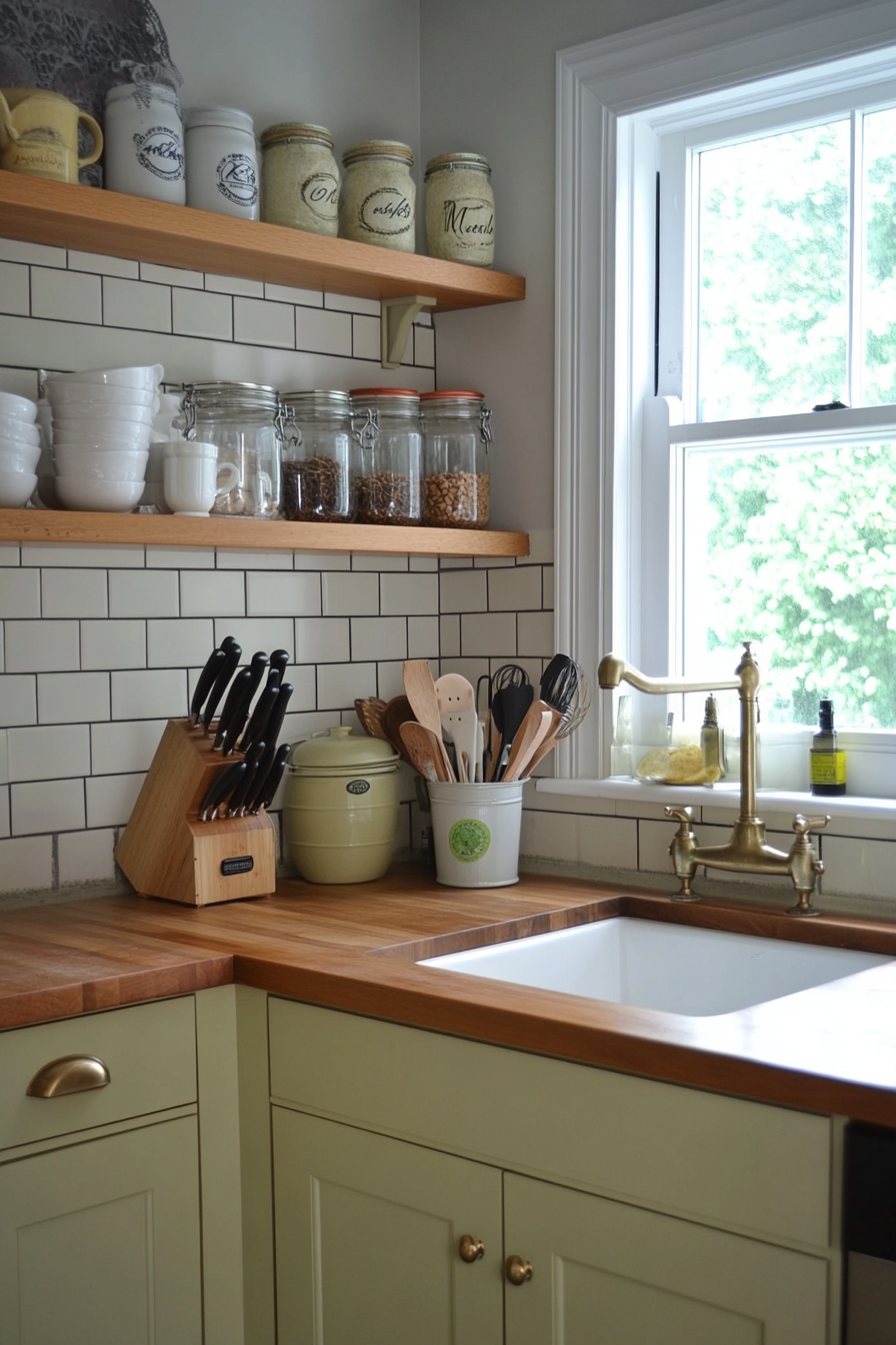 Subway tile paired with butcher block counters and brass fixtures