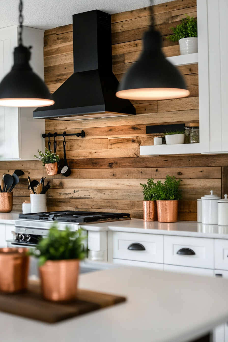 Reclaimed wood backsplash paired with copper decor