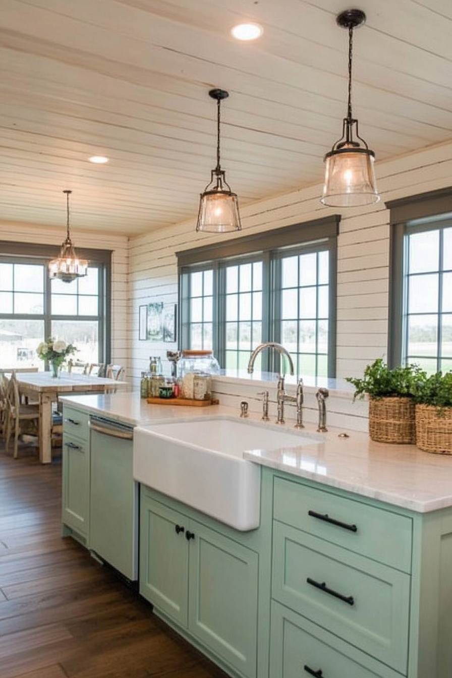 White shiplap backsplash with rustic decor