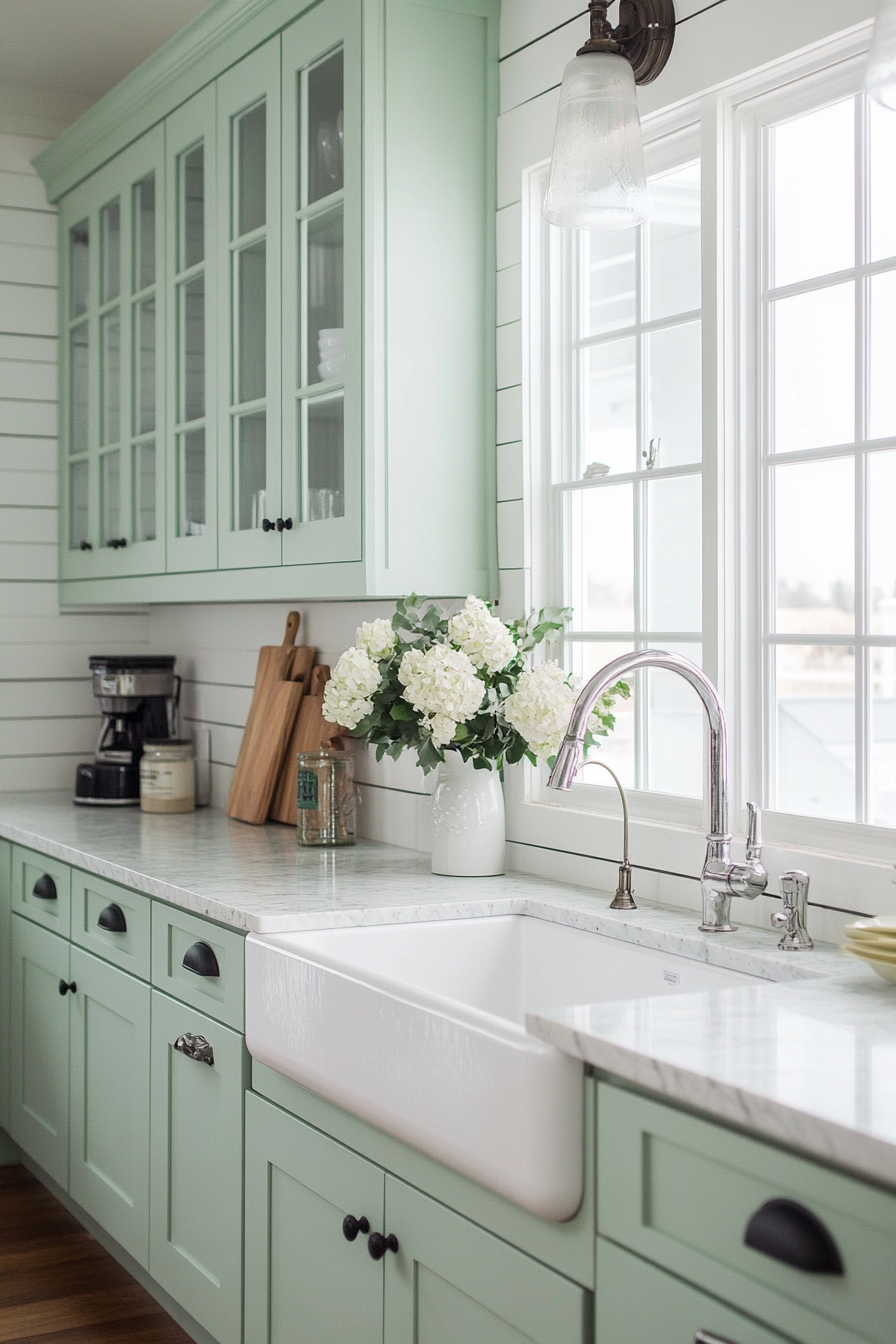 Shiplap paired with farmhouse sink and tiered decor