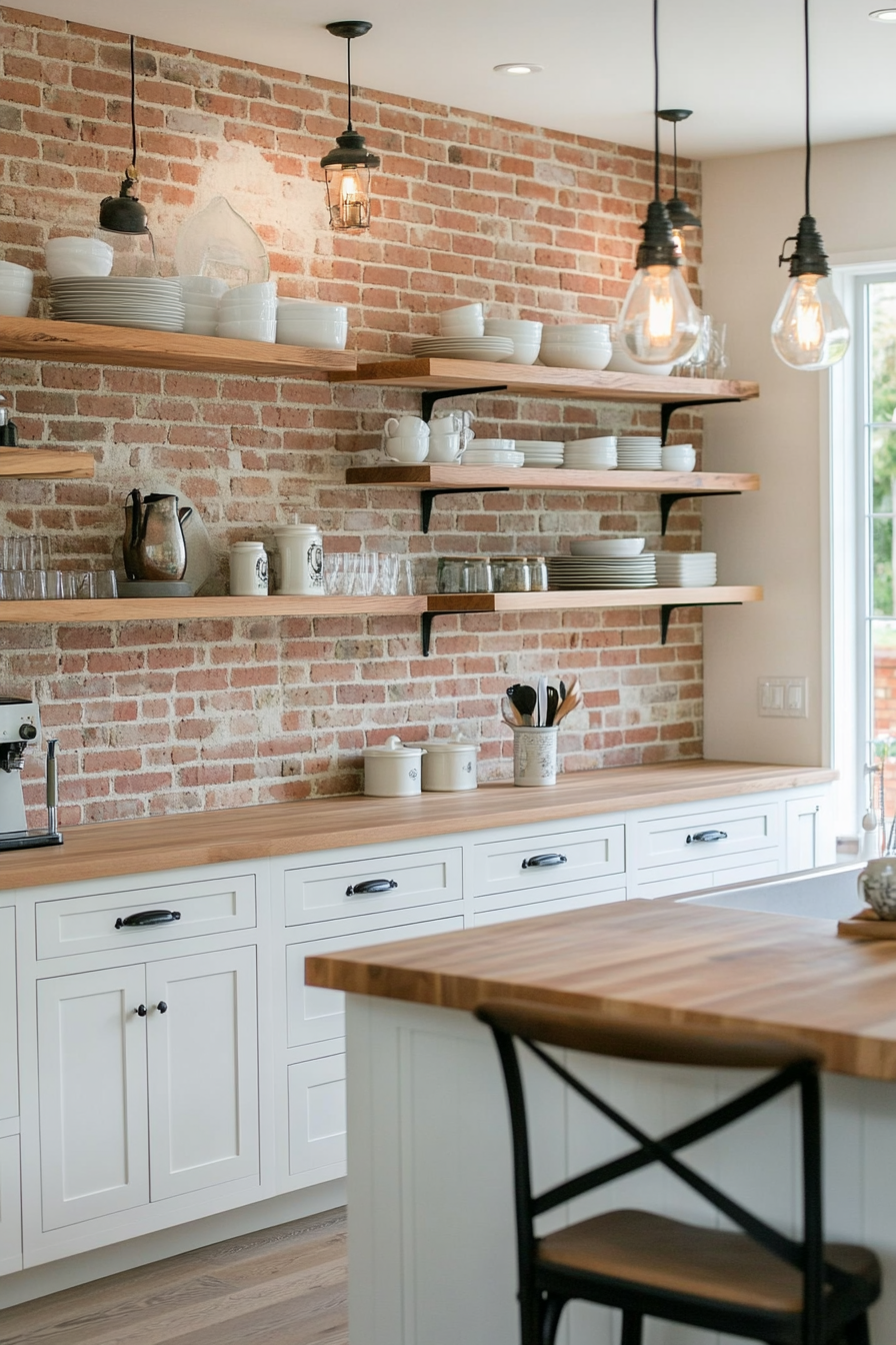 Whitewashed brick backsplash with greenery accents