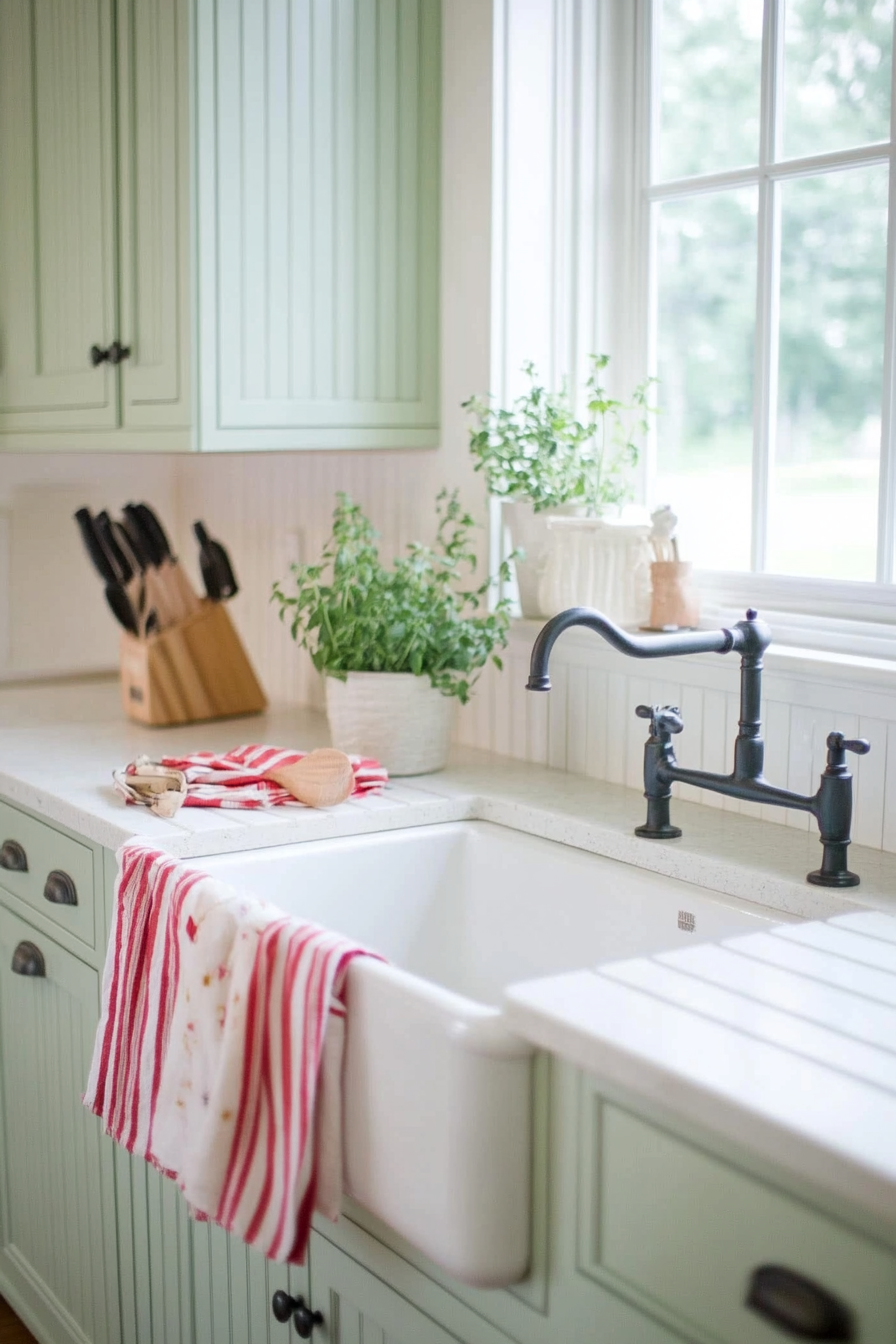 White beadboard backsplash in a cozy farmhouse kitchen